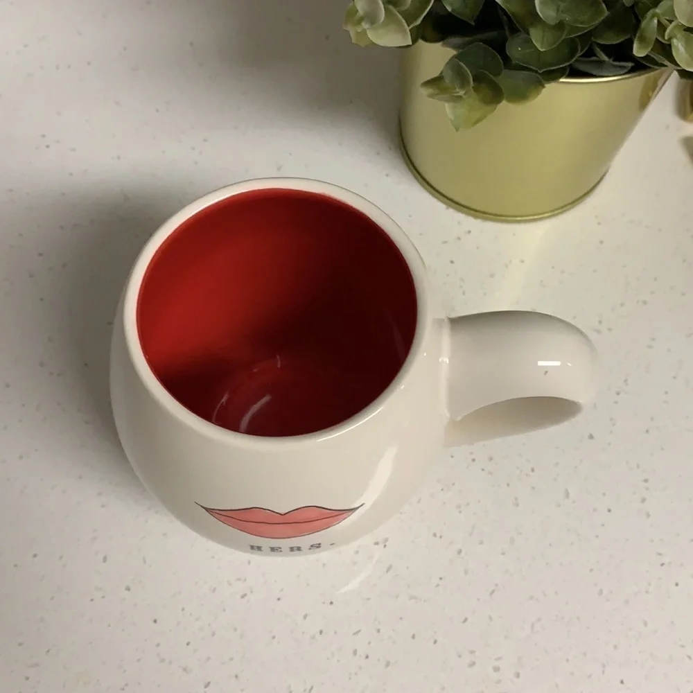 Rae Dunn Hers coffee tea‎ mugs lips valentines love gift red white.